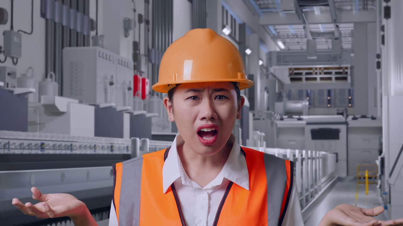 Close Up Of Wondering Asian Female Engineer With Safety Helmet Saying Why Working Doubtfully At Pharmaceutical Factory, Vaccine Production Facility
