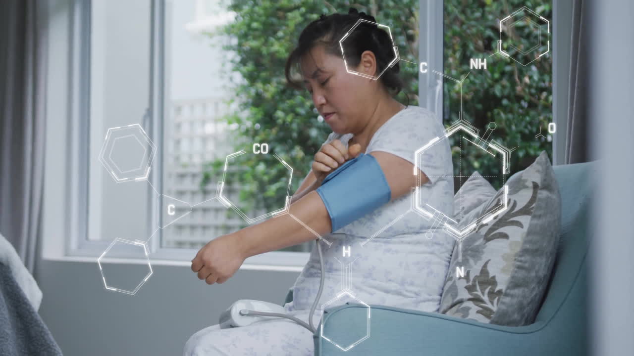Animation of chemical formula over asian woman taking pressure