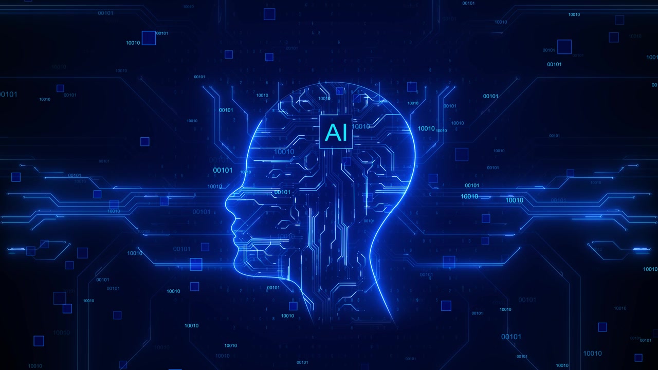 Artificial intelligence head silhouette digital circuits data flow futuristic technology machine