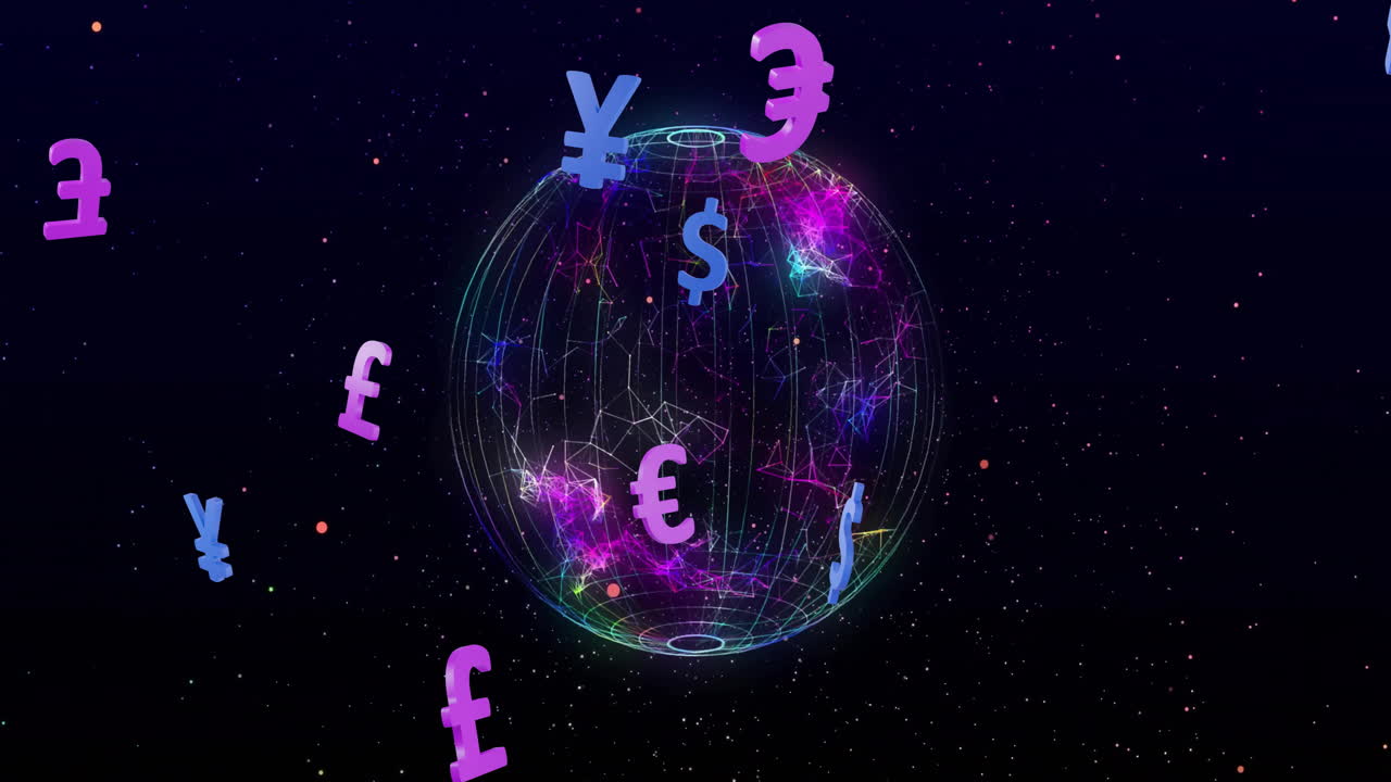 Animazione di globo di connessioni con simboli di valuta su punti su sfondo nero