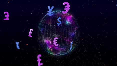 animation of globe of connections with currency symbols over spots on black background