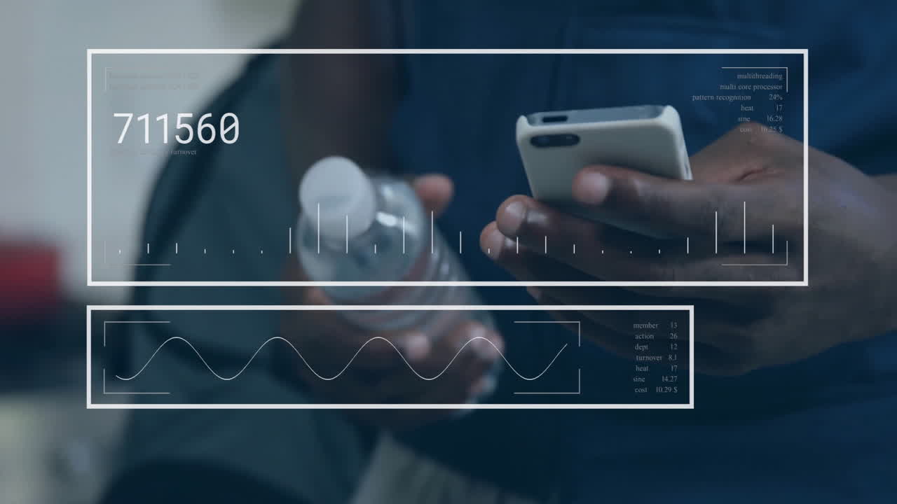 Holding smartphone and water bottle, person with data processing animation over