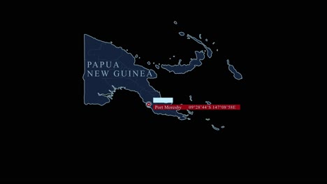 mapa estilizado em azul de papua nova guiné com port moresby, capital e coordenadas geográficas em fundo preto