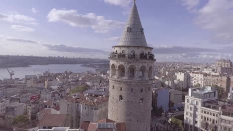 very good aerial of instanbul turkey old city skyline with galata tower and bosphorus river bridges distant