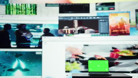 vertical video green screen laptop and social media feed videowall