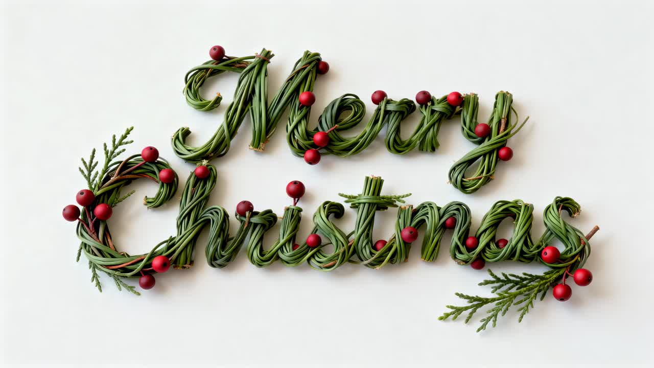 Shifting camera showcasing Merry Christmas braided foliage on white backdrop, with red berries