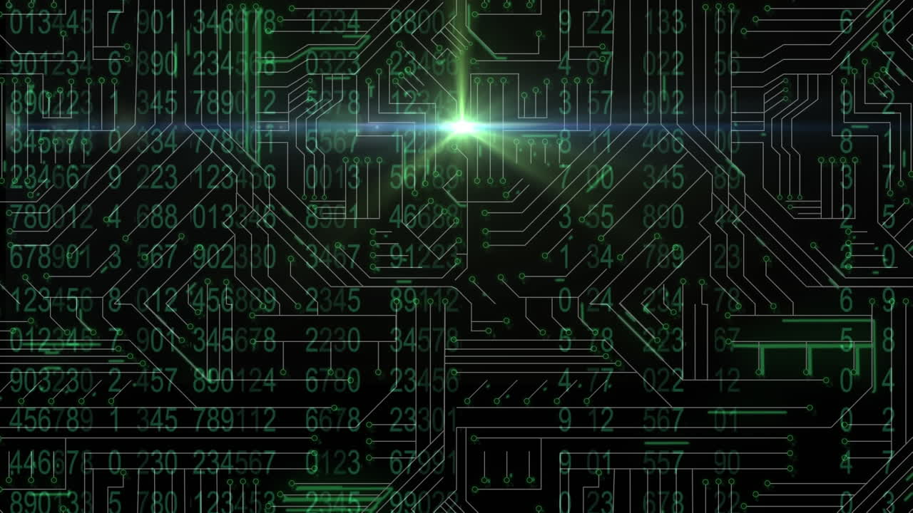animación de números cambiantes y luz sobre placas de circuitos de computadora