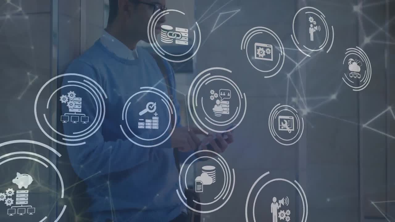 animación de una red de iconos digitales sobre el hombre utilizando un teléfono inteligente