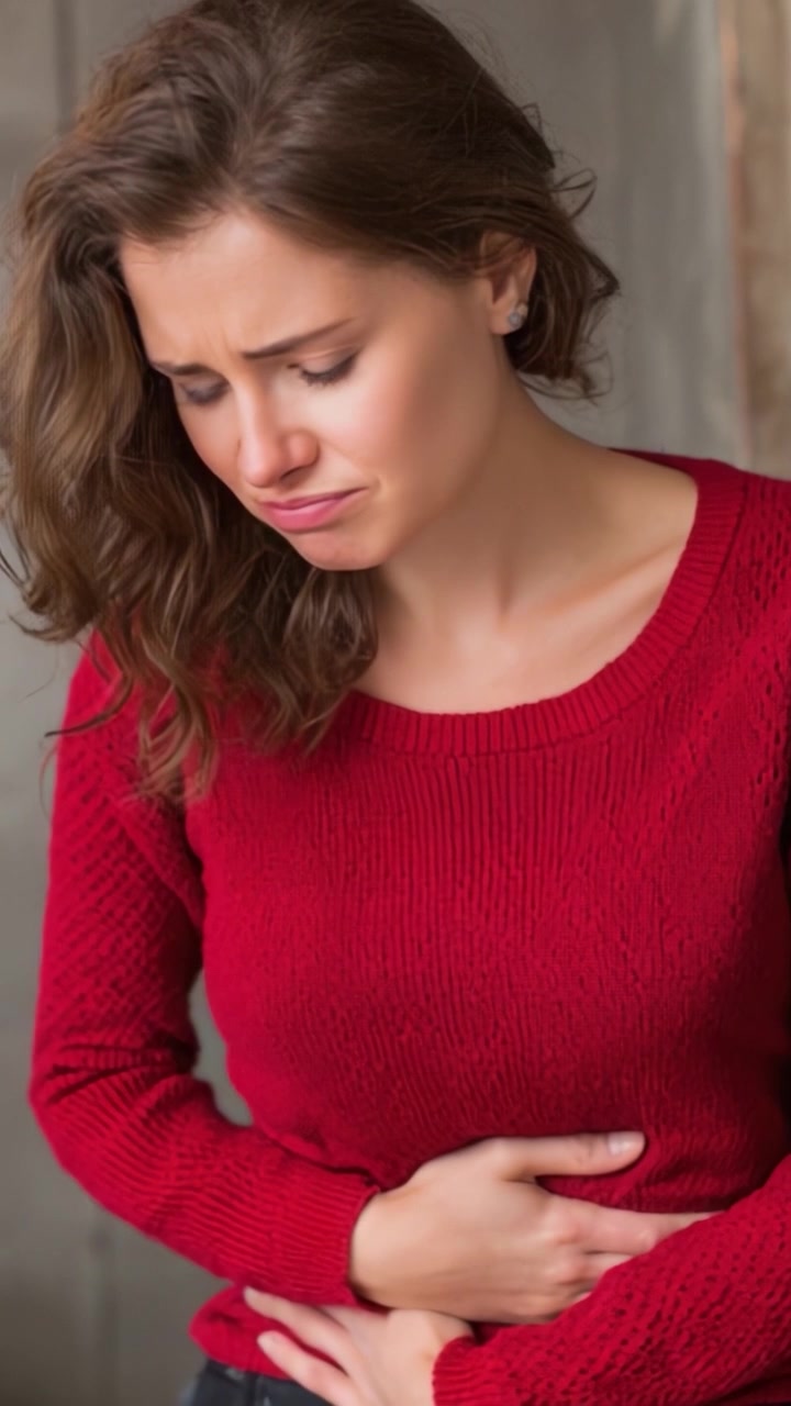 Una giovane donna con un maglione rosso appare a disagio, stringendosi lo stomaco con un'espressione di dolore, raffigurando sofferenza e disagio in un ambiente intimo.