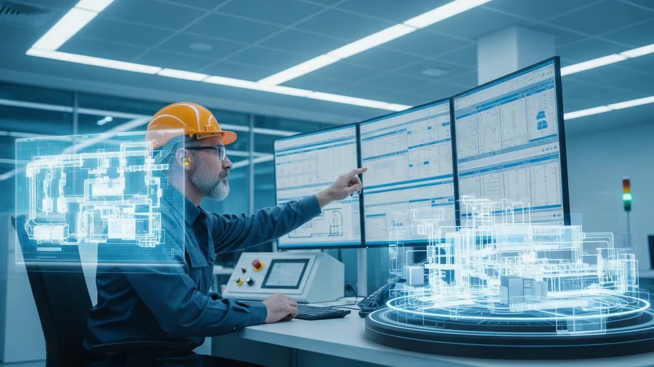 Engineer Analyzing Advanced Engineering Data with Futuristic 3D Models in a High-Tech Control Room Environment, Impressively Integrating Digital and Physical Components