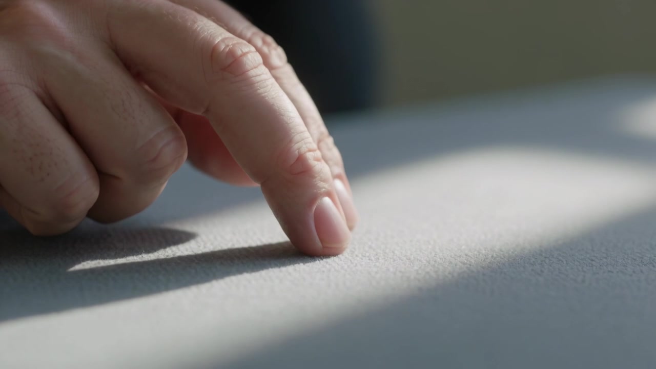 Lowering adult right index finger tapping and sliding on sunlit cushion near window exploring feel