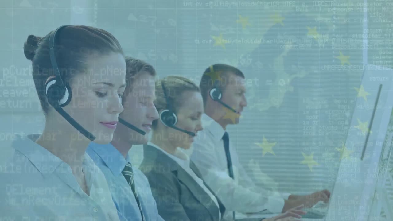 데이터 처리의 애니메이션과 eu 발이 카우카스 사업가들 위에 사무실에 있습니다.