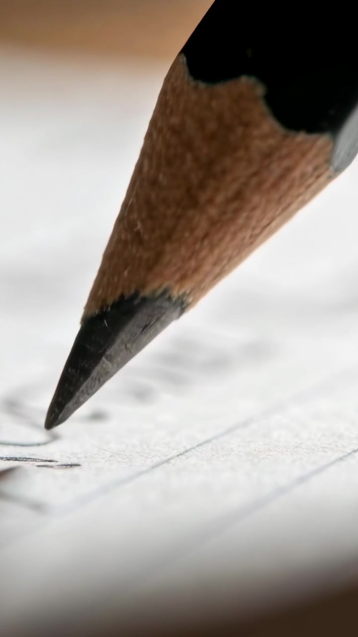 Vertical video: Drawing sharp pencil touching lined paper on desk, making lead marks to test point