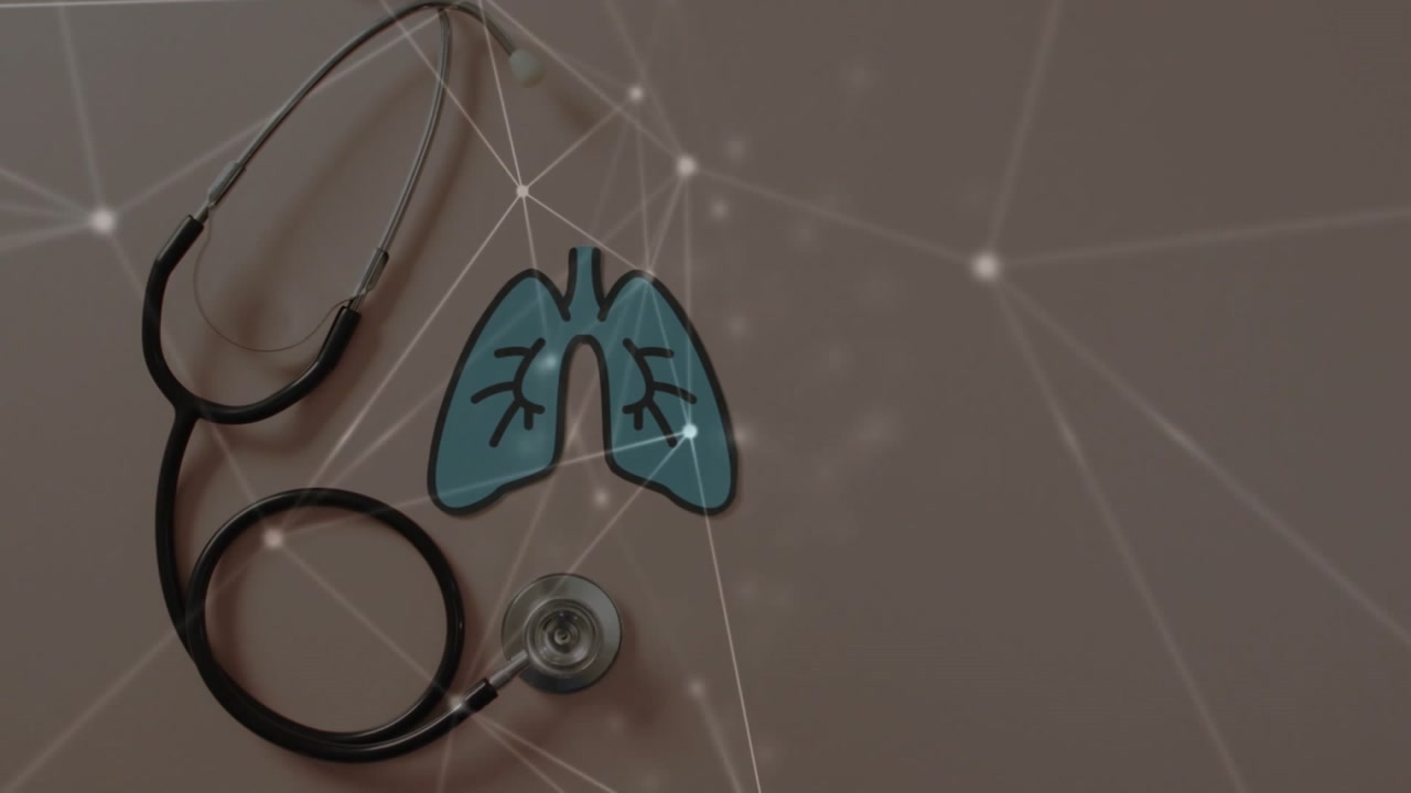 Playback starting network, stethoscope and lungs still, nodes moving highlighting lung health data