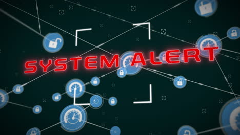 animación del texto de alerta del sistema, red de conexiones con íconos y procesamiento de datos
