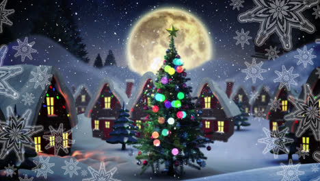 animación de nieve cayendo y santa claus en trineo con renos moviéndose sobre el paisaje de invierno