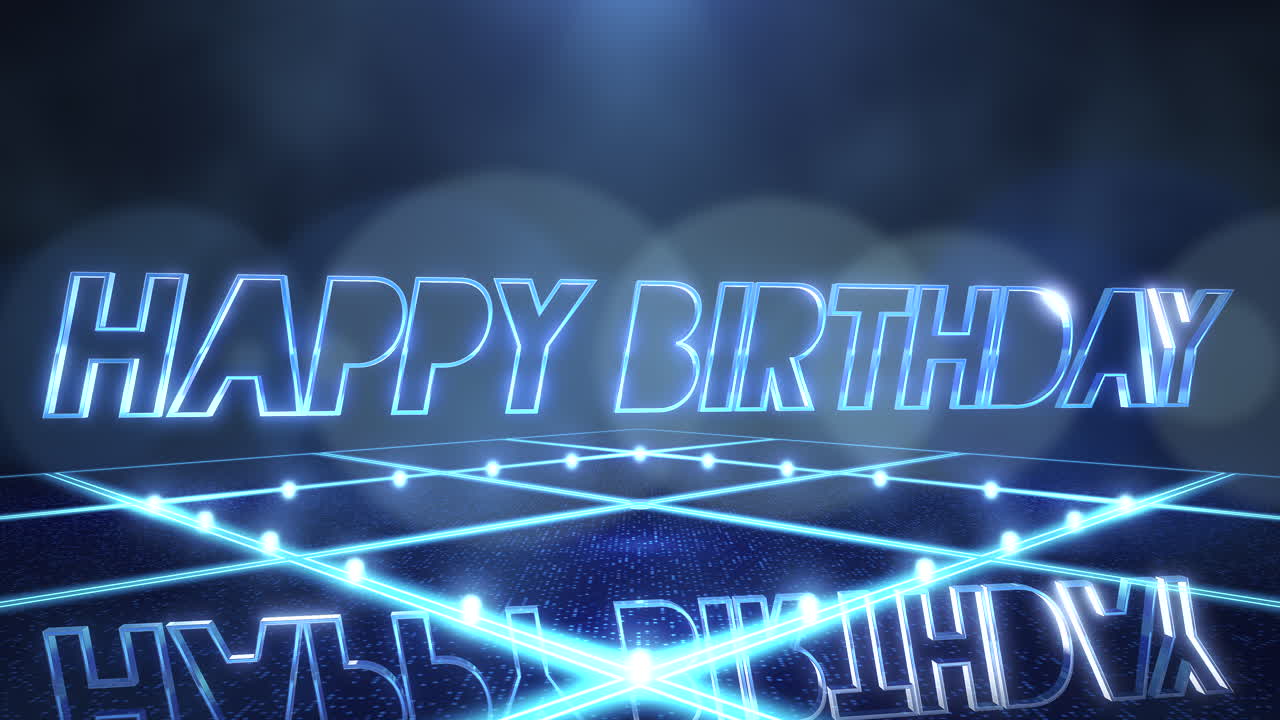 feliz cumpleaños con luz de neón y bokeh en el escenario
