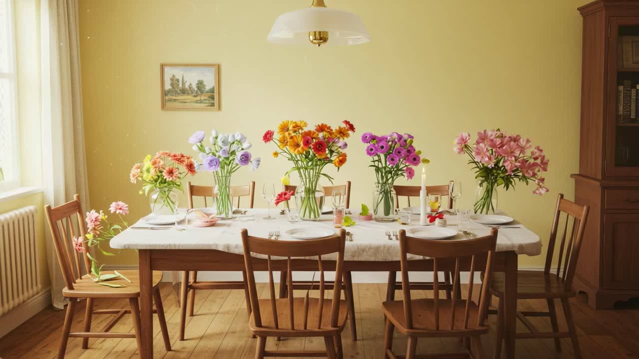 A Brightly Decorated Dining Table Surrounded by Vibrant Flower Arrangements in a Cozy Dining Room, Creating a Welcoming Atmosphere for Gatherings