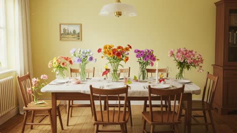 a brightly decorated dining table surrounded by vibrant flower arrangements in a cozy dining room, creating a welcoming atmosphere for gatherings