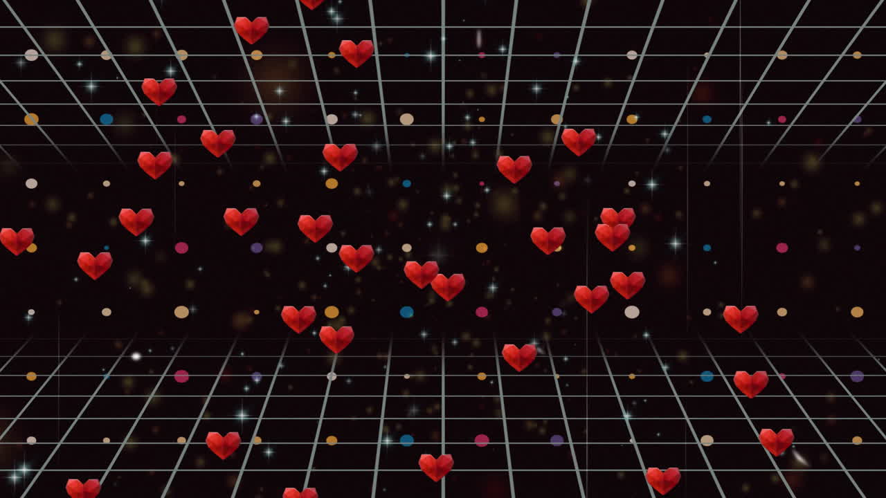 3D scene featuring red low-poly hearts floating across wireframe grid with glowing light flares