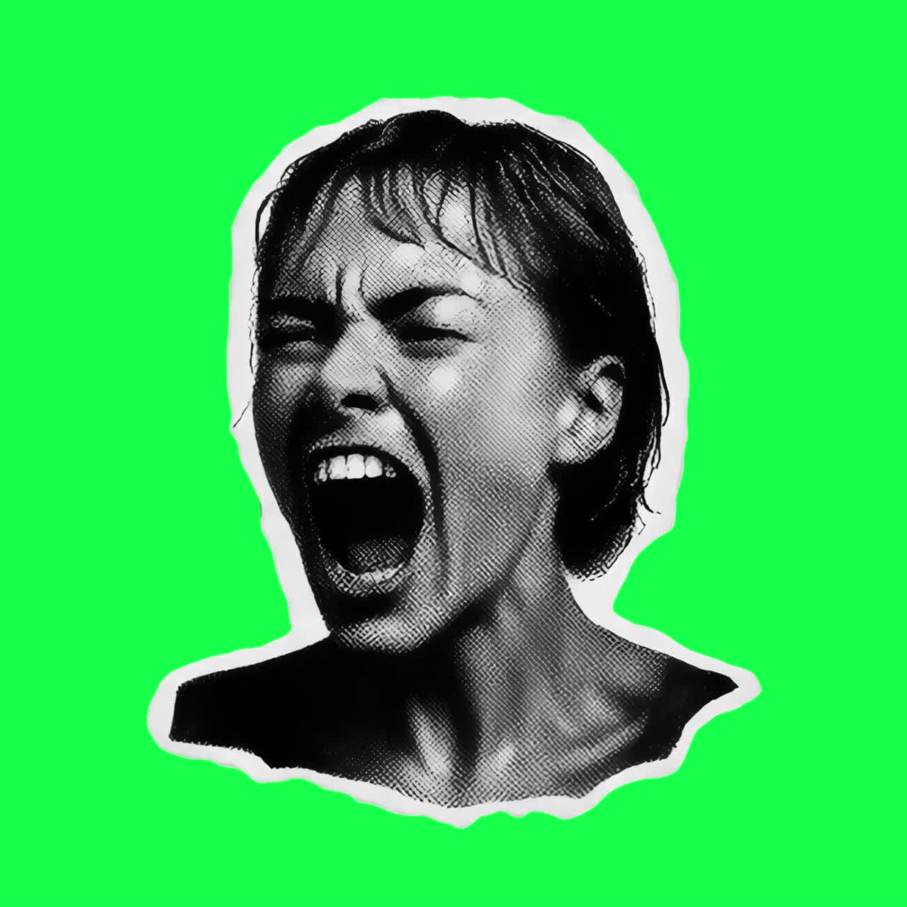 Expressive black-and-white screaming portrait animation, transparent 4K video, green screen