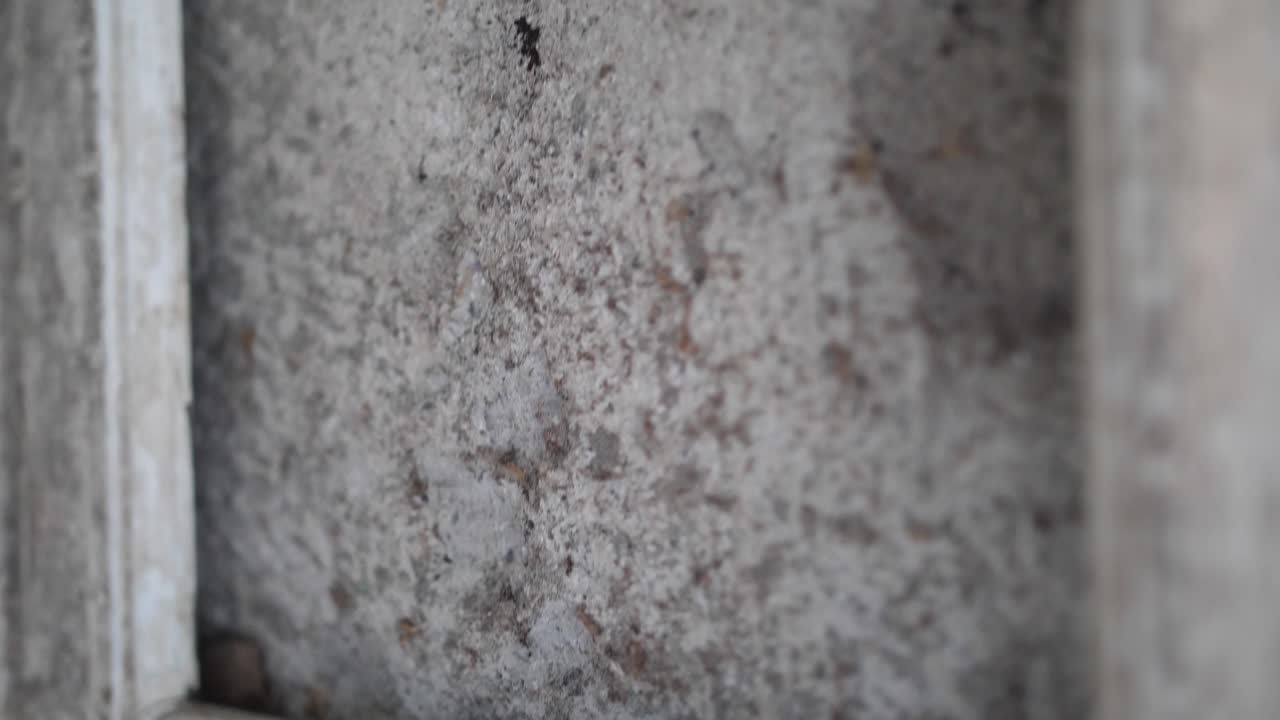 A close up shot of an old and dirty wooden frame inside a creepy and abandoned house