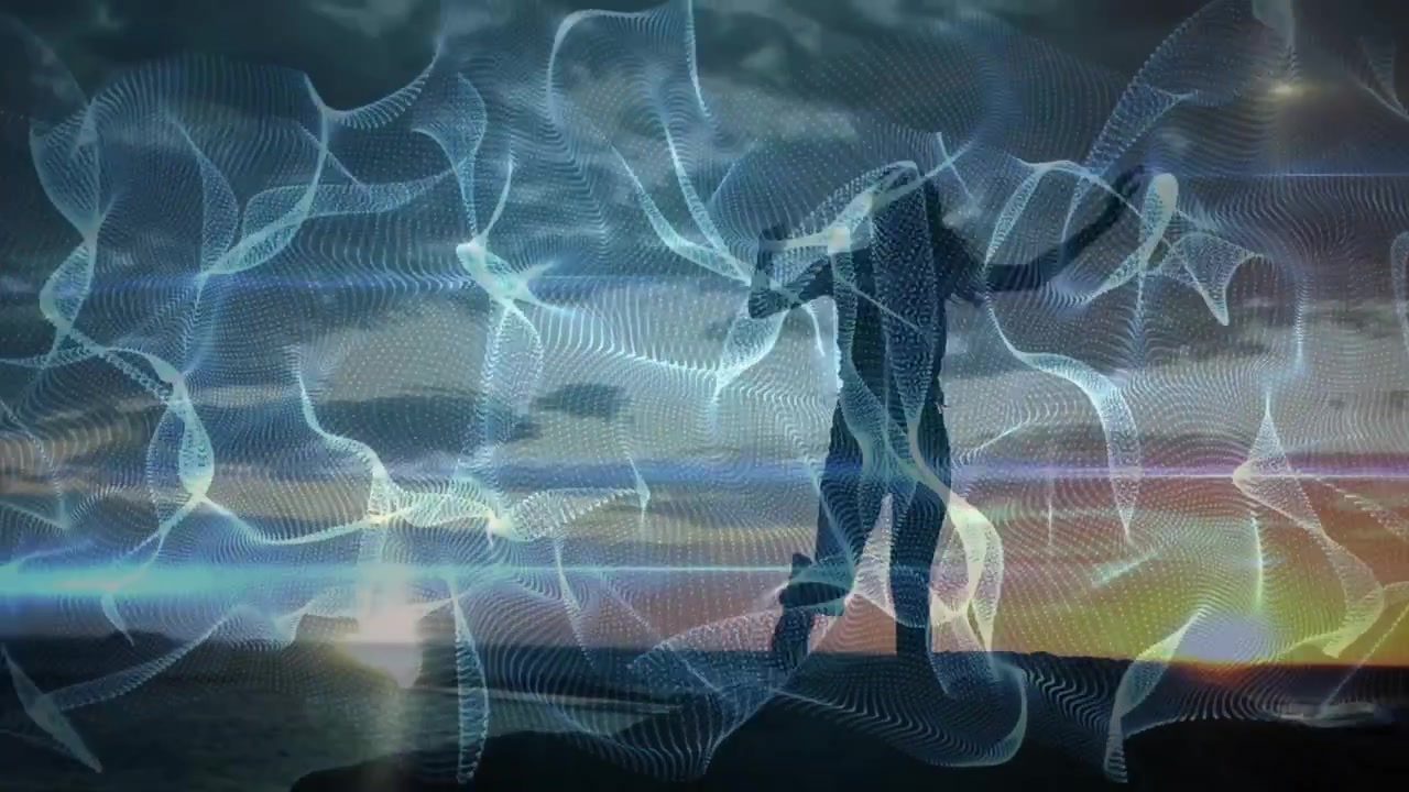 swirling digital mesh initiating female figure stepping along cliff for tech showcase