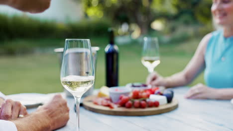 una pareja de ancianos disfrutando de vino y comida en el jardín