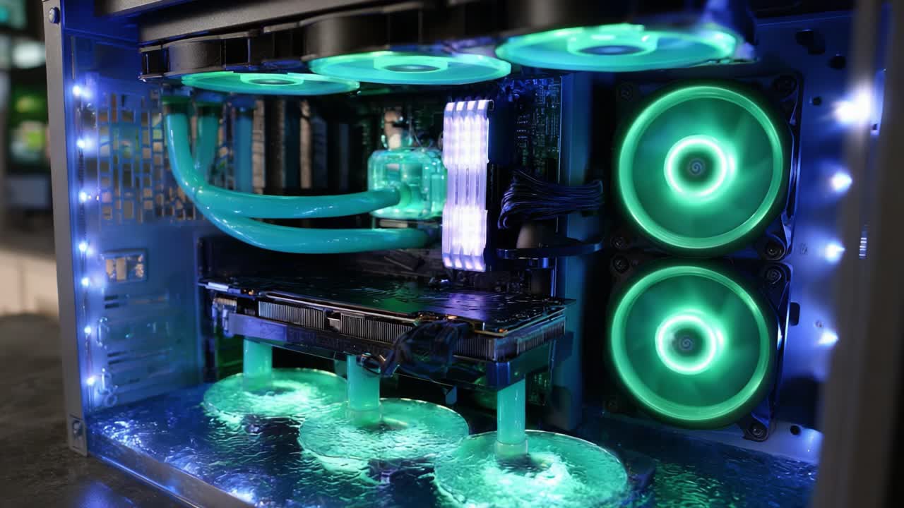 Highly Detailed Close-Up of a Custom Water-Cooled PC with Neon Green Lighting Featuring Unique Tubing and LED Fans for Enhanced Aesthetics and Performance