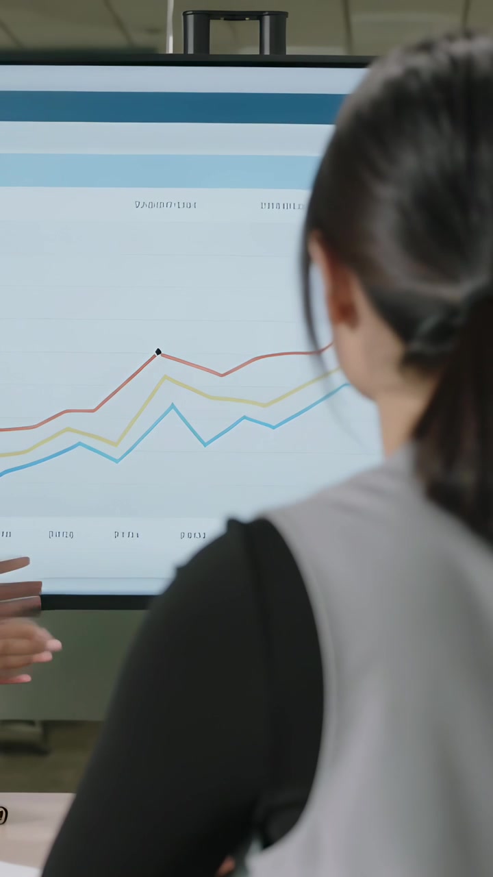 Vertical video: Seeing woman in vest noting marked peak as peer hand pointing in office, copy space