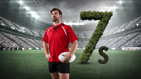 Animation-of-caucasian-rugby-player-and-7s-number-formed-with-grass-in-rugby-sports-stadium