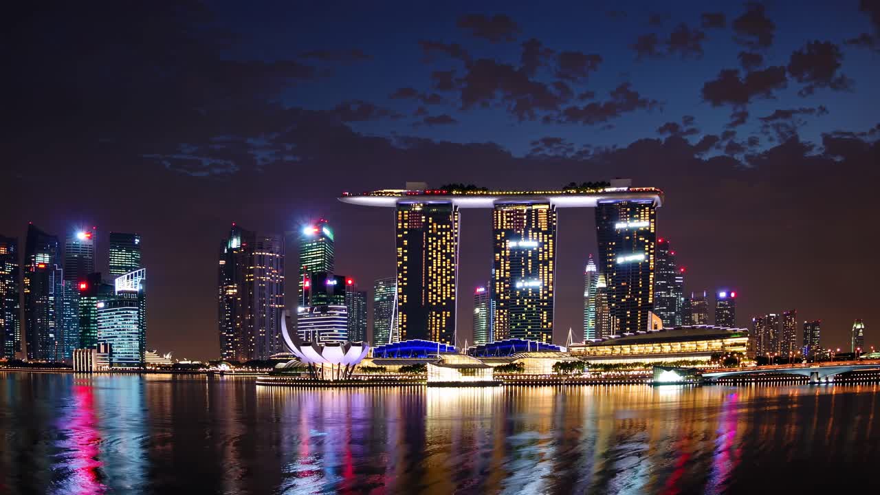 Nighttime cityscape video with a wide-angle view, capturing illuminated skyscrapers reflecting