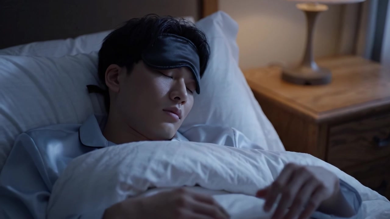 安らかな眠り：柔らかな照明が灯る居心地の良い寝室で、スリープマスクを着用しベッドで心地よく休む若い男性。