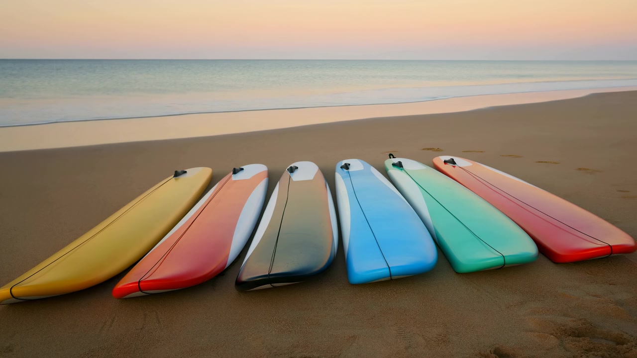 Una tranquila escena de playa que muestra una hilera de tablas de surf coloridas ordenadas cuidadosamente en la arena, con una vista expansiva del océano y un cielo de atardecer cálido y sereno. Este pintoresco escenario encarna