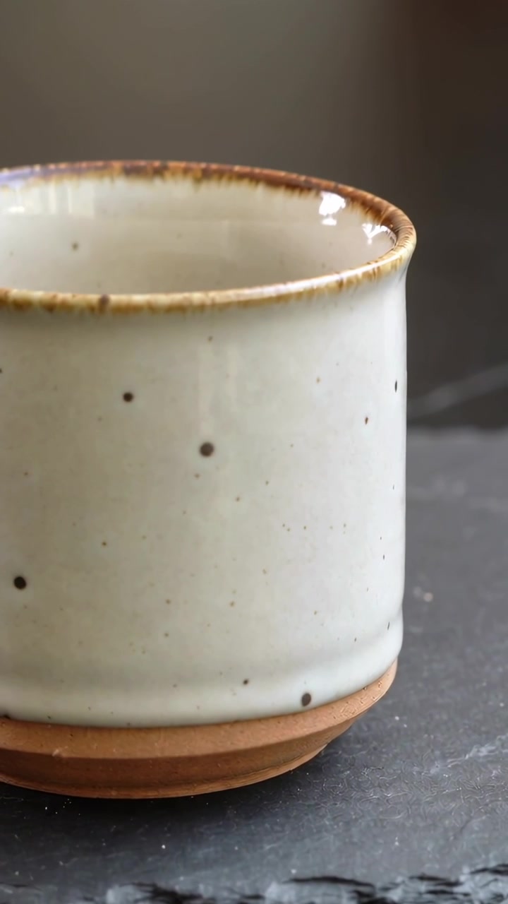 Vertical video: Zooming camera in on ceramic cup on slate mat, revealing speckled glaze, copy space