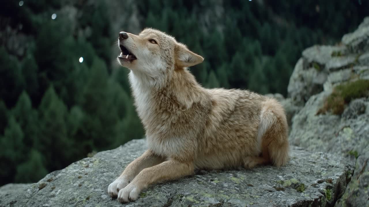 A Majestic Coyote Howls from a Rocky Outcrop Amidst a Serene Forest Backdrop, Capturing the Spirit of Wilderness in a Stunning Natural Setting