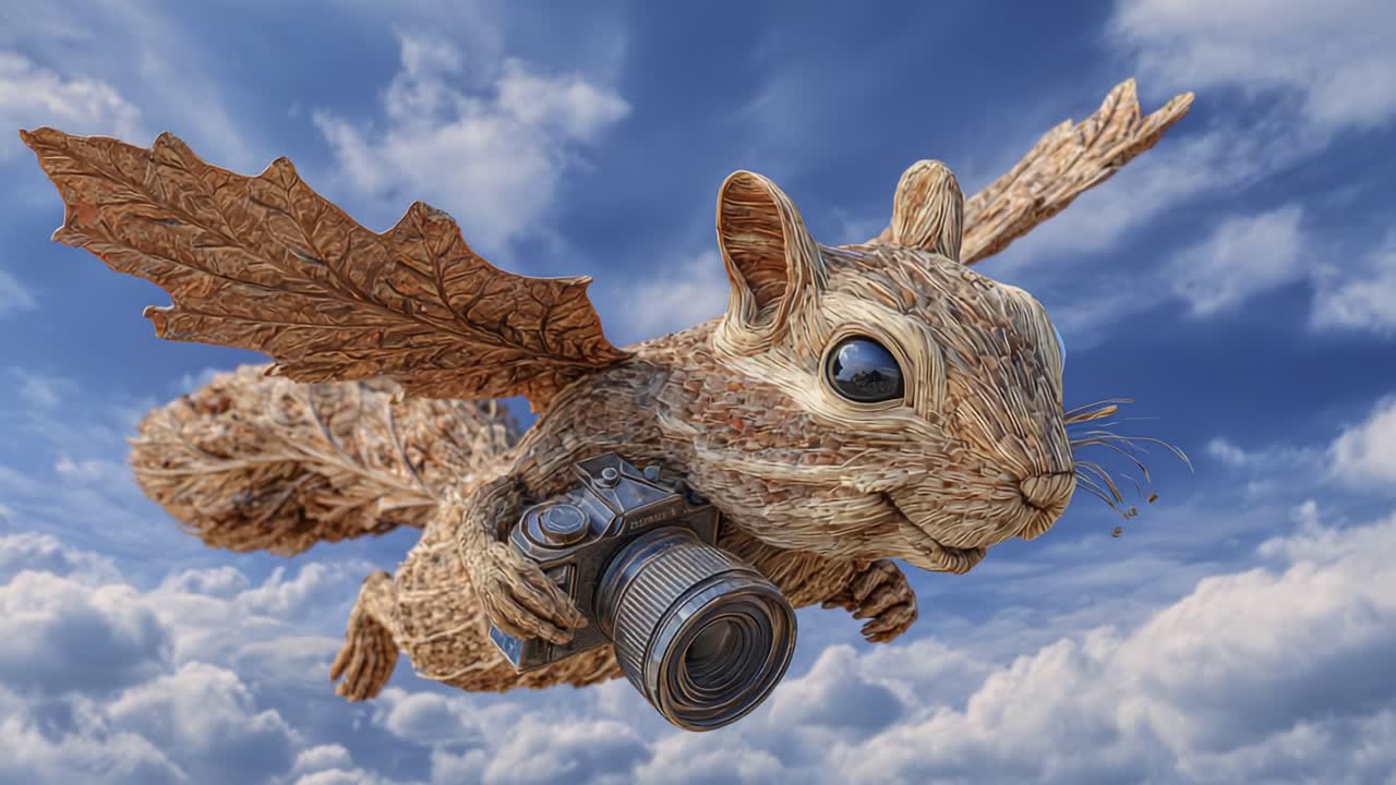 A whimsical flying squirrel, crafted from natural materials, captures the beauty of the sky with a camera, showcasing creativity and imagination in a vibrant world