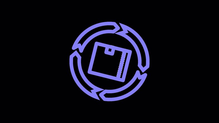 Icono animado de ciclo de paquete morado sobre fondo negro