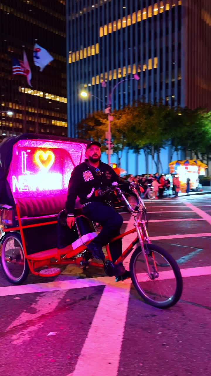 New York, USA, 25 April 2025: Rickshaw driver on New York City street at night scene. Pedicab cyclist waiting at a crosswalk with bright pink neon lights and city traffic background in New York
