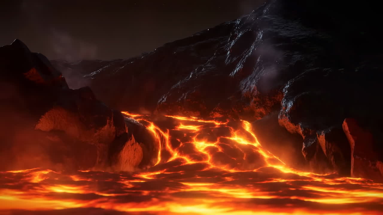 夜、火山地帯を流れ落ちる溶岩