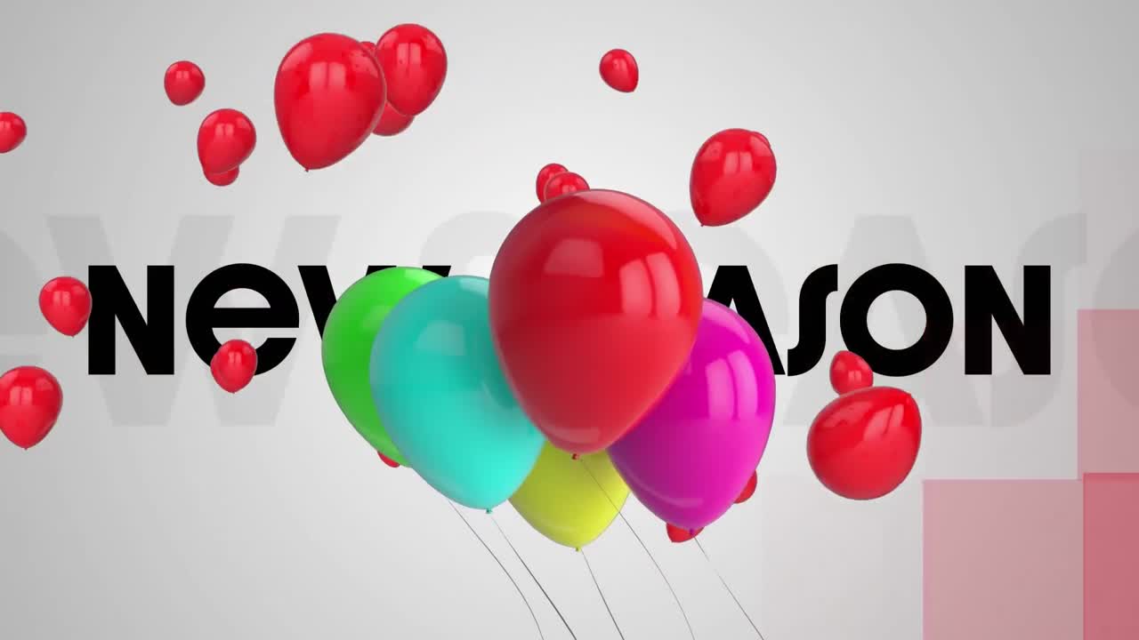 animación de un montón de globos coloridos y globos rojos flotando contra el banner de texto de la nueva temporada