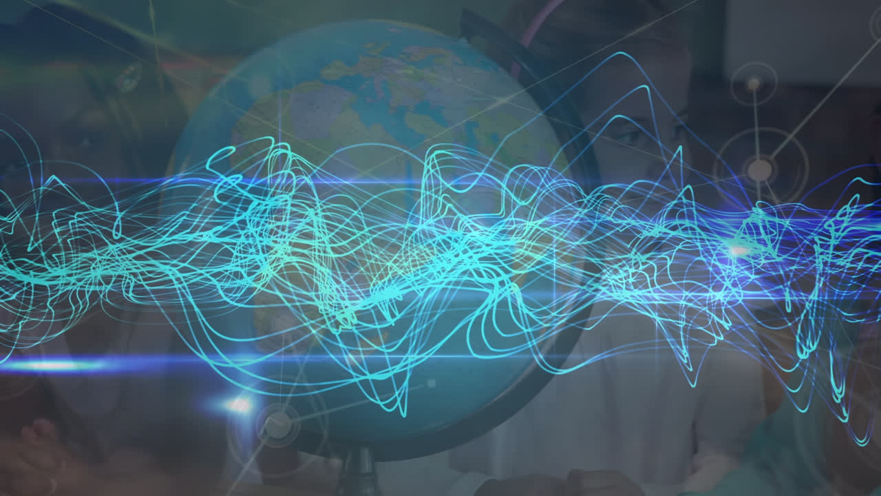 Animación de luces azules con procesamiento de datos sobre alumnos diversos en un aula