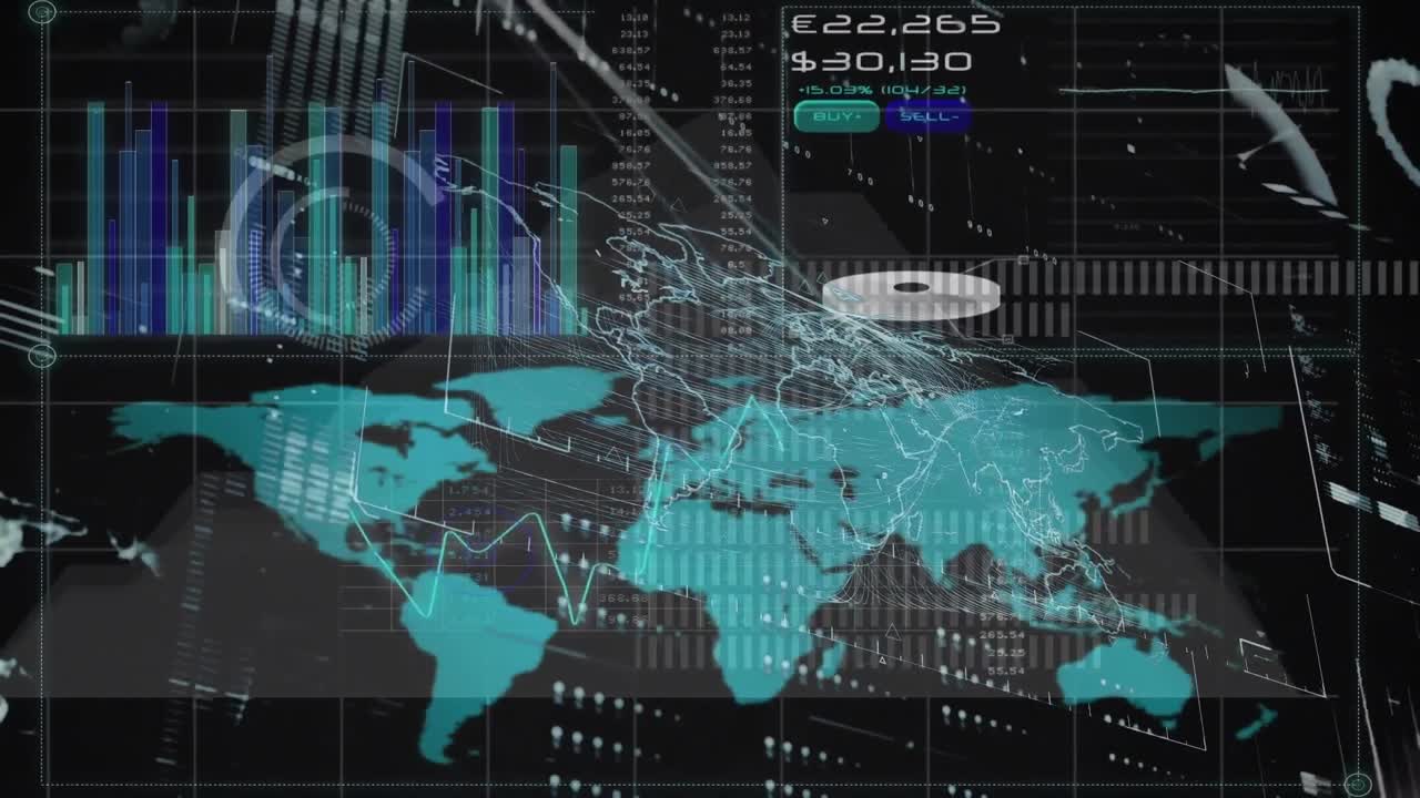 Animation of interface with data processing over world map against black background