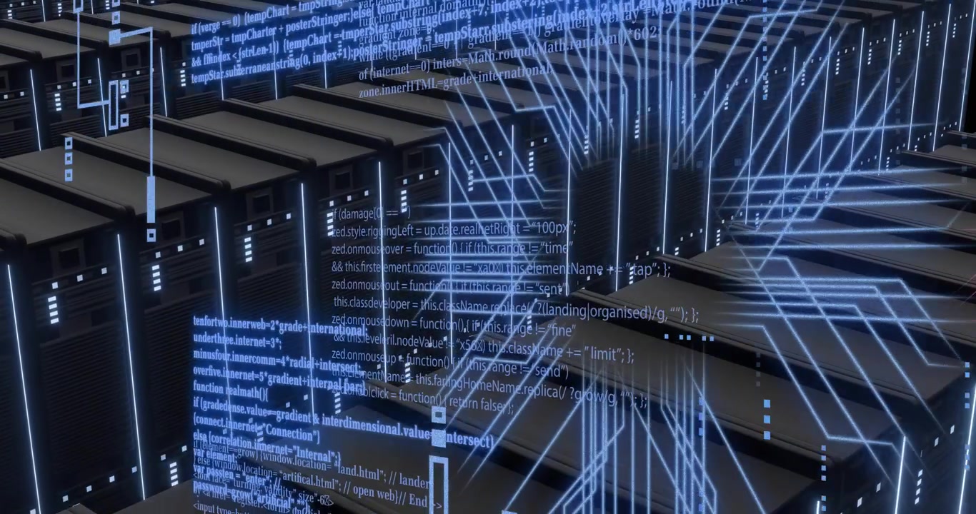 Animation of circuit board and digital data processing over computer servers