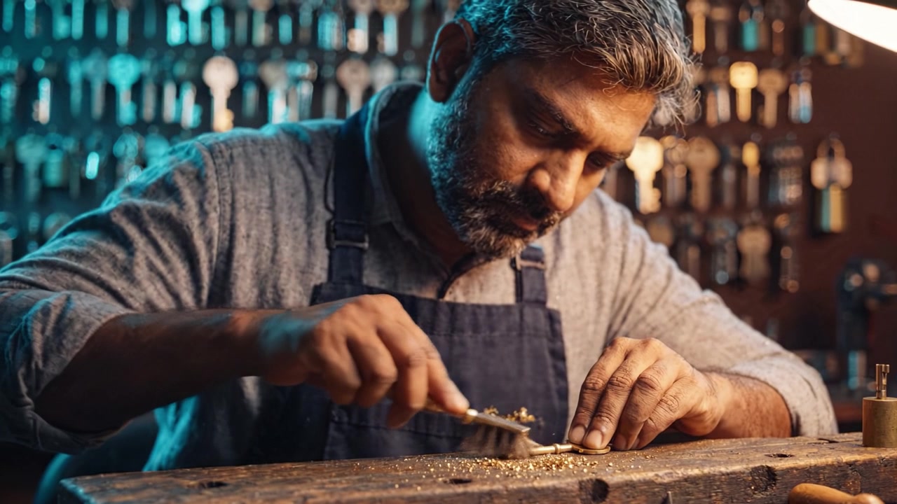 Craftsman Skillfully Engaged in Precision Key Making in a Workshop Surrounded by Numerous Keys, Showcasing Artistry and Focus on Detailed Metalwork Process