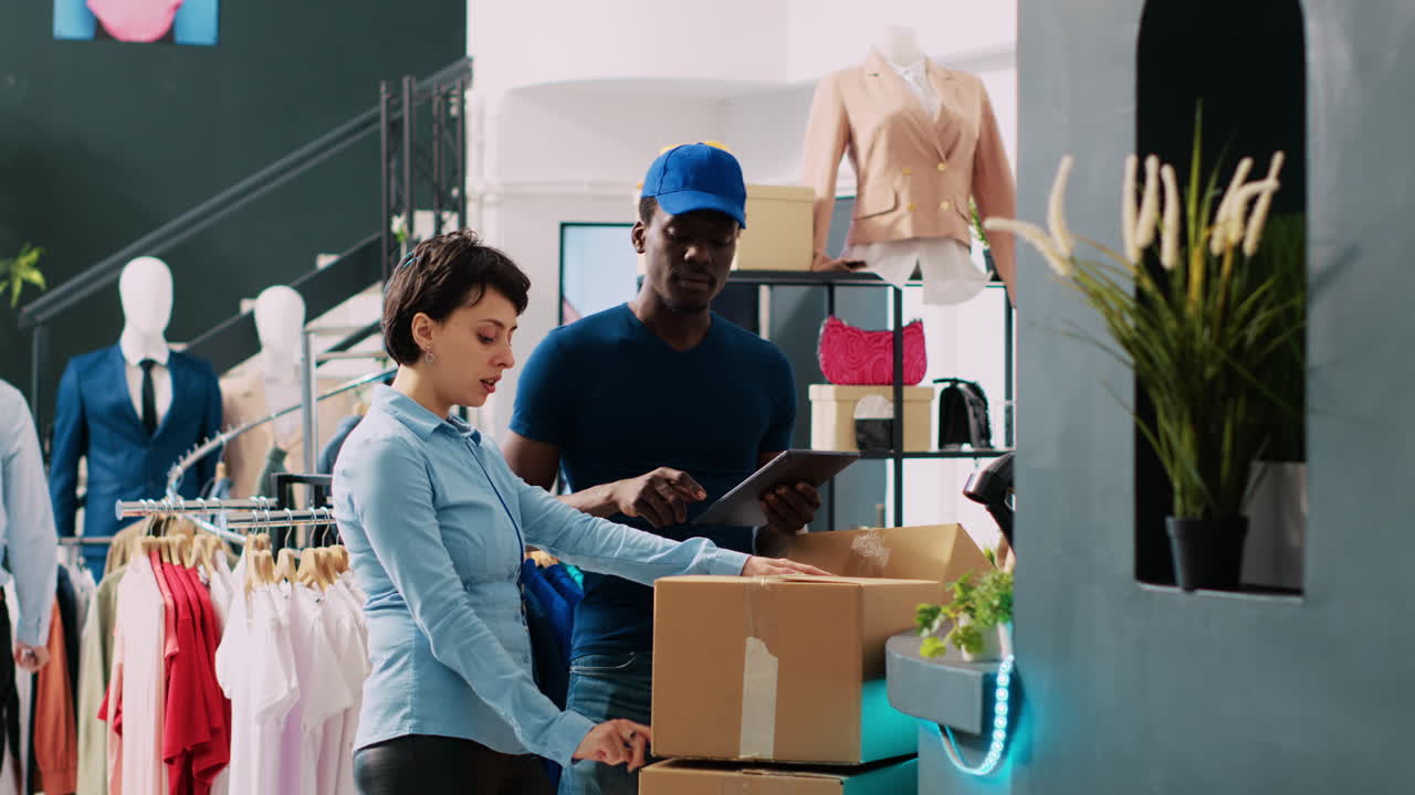 trabajador mirando paquetes con un mensajero