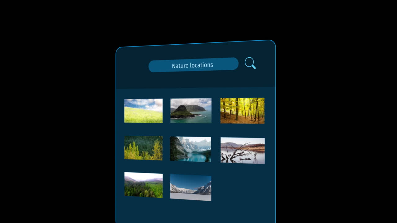 animación de la interfaz con lugares de la naturaleza texto y paisajes sobre fondo negro