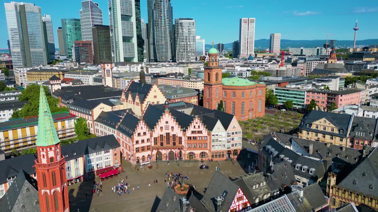 4K Aerial Drone Video of Modern Skyscrapers Overlooking the Historic Römerberg Town Square in Downtown Frankfurt, Germany