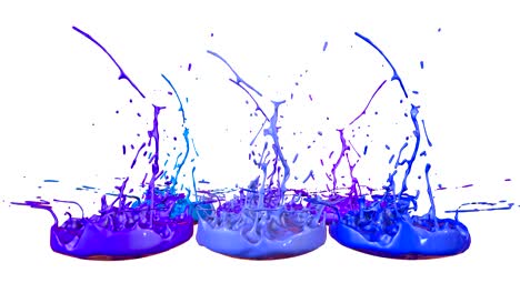 3d splashes of liquid. paint bounce in 4k on white background. simulation of splashes of ink on a musical speaker that play music. version shades of blue 1