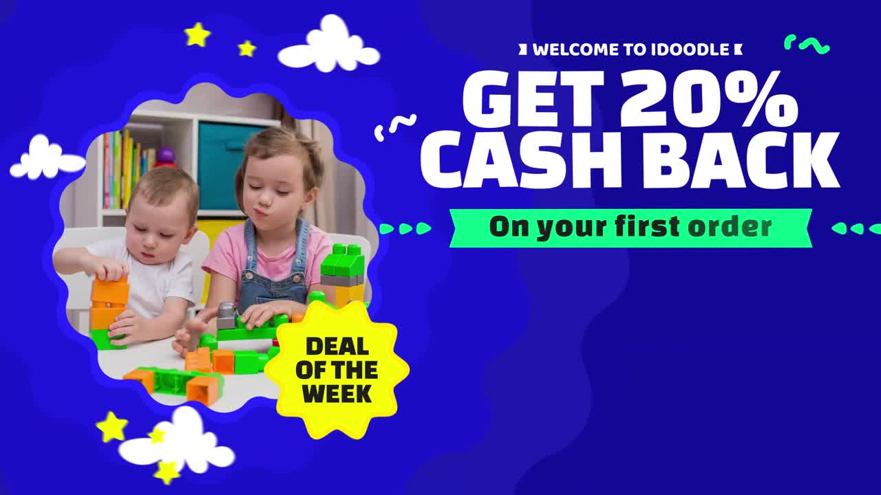 Due bambini che giocano con i mattoncini in uno spot pubblicitario